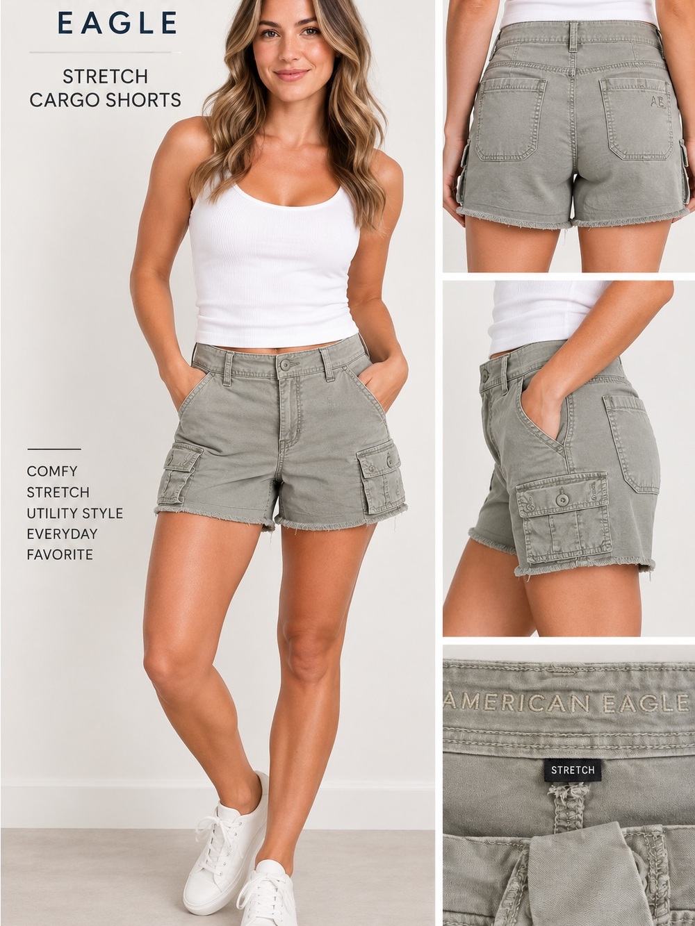 American Eagle Outfitters Sage Green Stretch Cargo Shorts for Women
